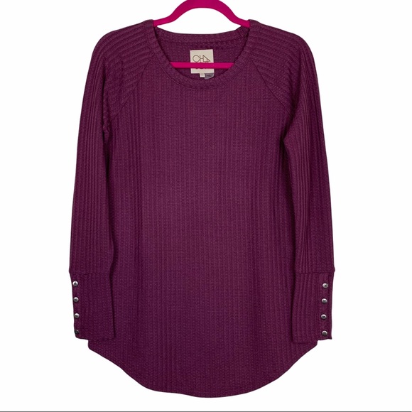 Chaser Tops - Chaser Purple Waffle Knit Button Cuff Tunic Top S